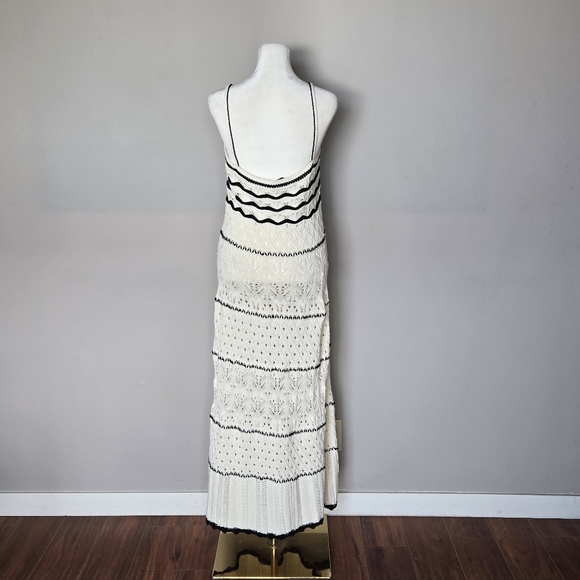 Zara Boho Crochet Open Knit Strappy Beach Maxi Dress Cream with Black Trim Large - Picture 4 of 11